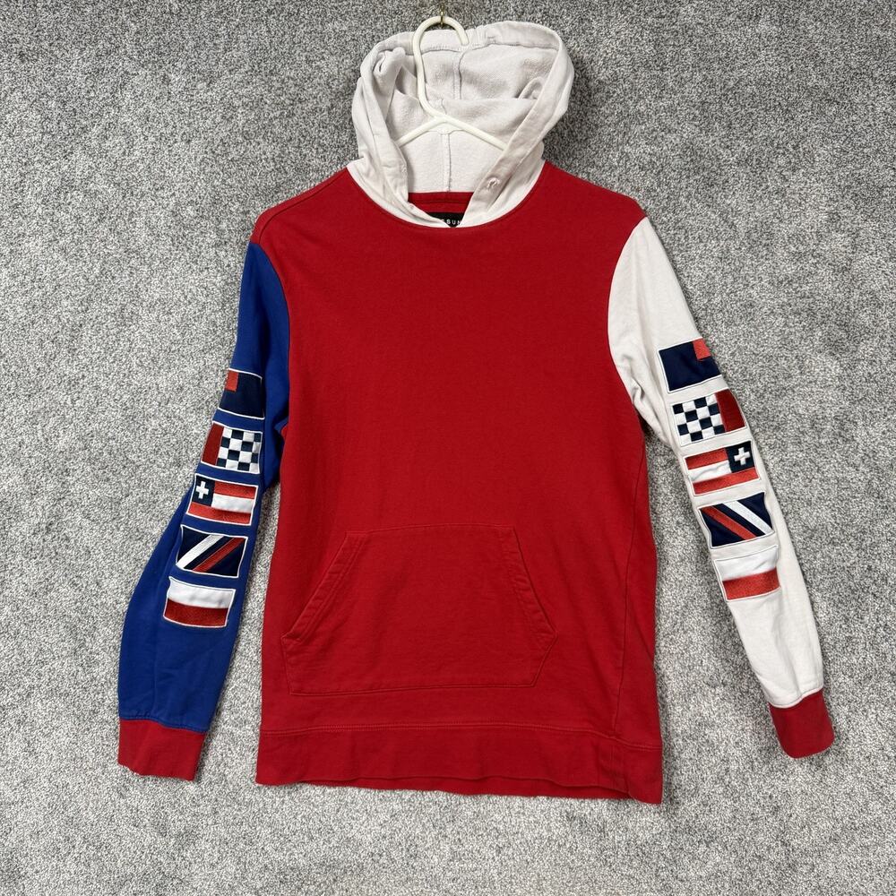 PacSun Hoodie Mens Small Red White Blue Nautical Flag Sleeve Graphic Sweatshirt